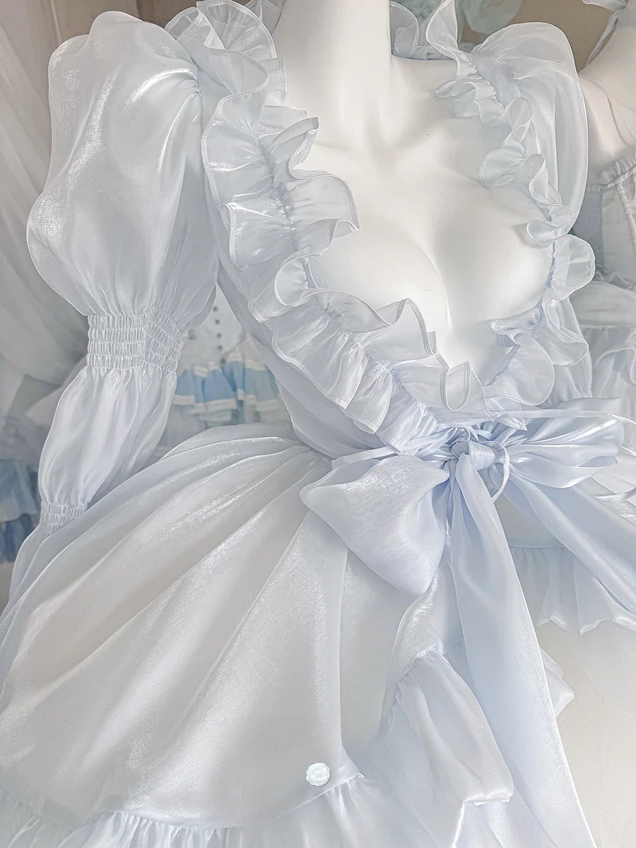 Hime Lolita Asymmetrical Ruffled Short JSK Elegant Light Blue Summer Lace Sleeveless