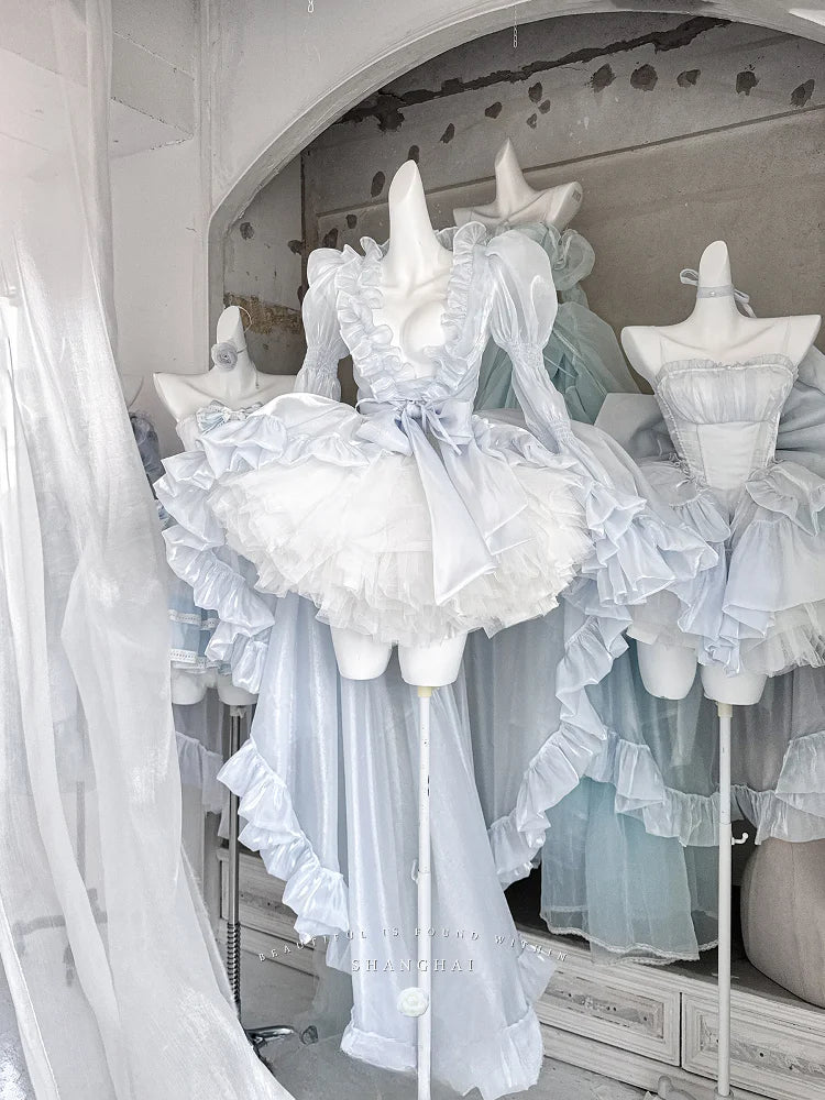 Hime Lolita Asymmetrical Ruffled Short JSK Elegant Light Blue Summer Lace Sleeveless