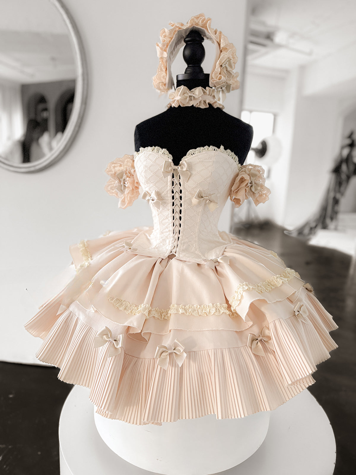 Sweet Lolita Dress Off Shoulder Ruffled Bow Decorated Champagne Princess Outfit