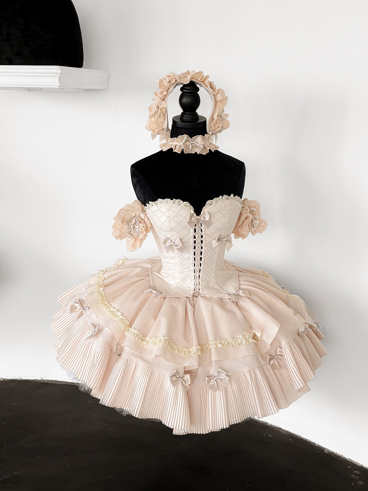 Sweet Lolita Dress Off Shoulder Ruffled Bow Decorated Champagne Princess Outfit