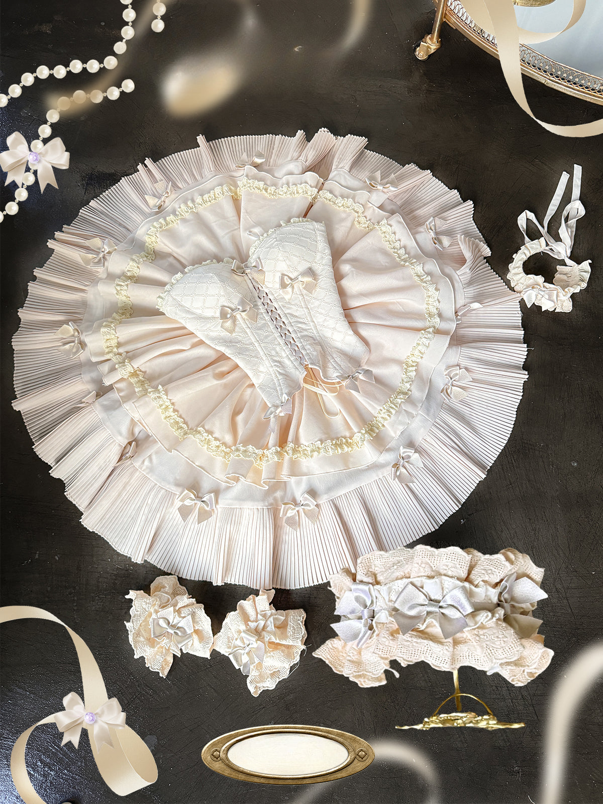 Sweet Lolita Dress Off Shoulder Ruffled Bow Decorated Champagne Princess Outfit