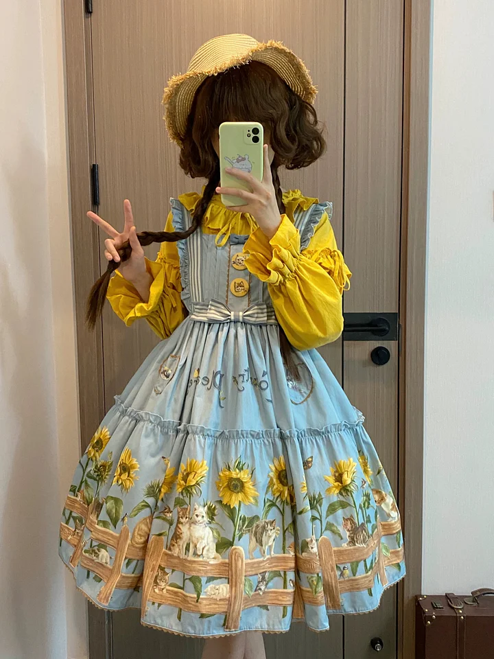 Sweet Lolita Fashion Cat and Sunflower JSK Sunflower Print Blue Dress and Headdress Set