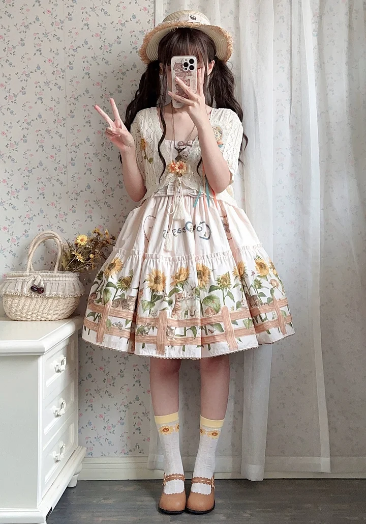 Sweet Lolita Fashion Cat and Sunflower JSK Sunflower Print Blue Dress and Headdress Set