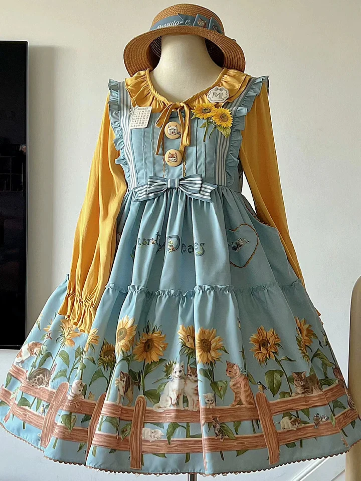 Sweet Lolita Fashion Cat and Sunflower JSK Sunflower Print Blue Dress and Headdress Set