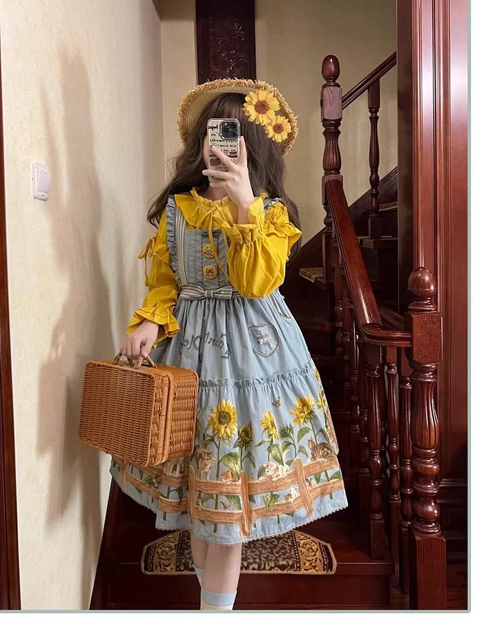 Sweet Lolita Fashion Cat and Sunflower JSK Sunflower Print Blue Dress and Headdress Set