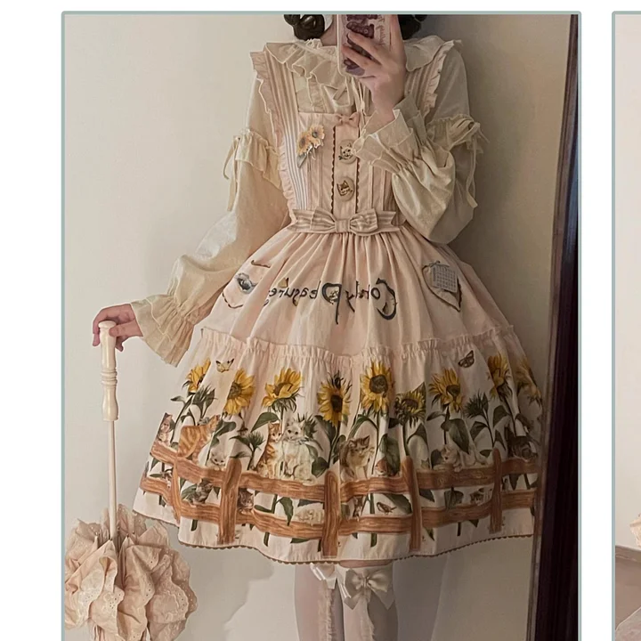 Sweet Lolita Fashion Cat and Sunflower JSK Sunflower Print Blue Dress and Headdress Set