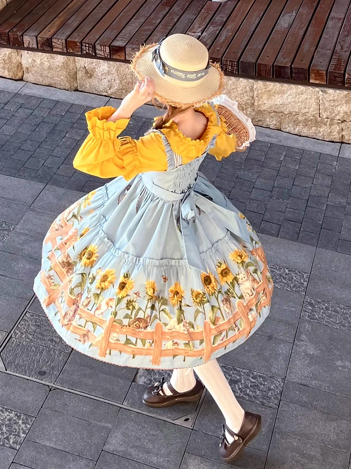 Sweet Lolita Fashion Cat and Sunflower JSK Sunflower Print Blue Dress and Headdress Set
