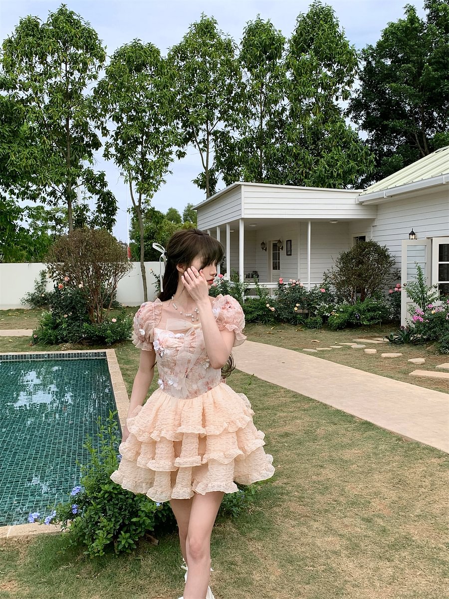 Sweet Lolita Floral Fairy Princess Dress Tutu Lolita Pink Orange