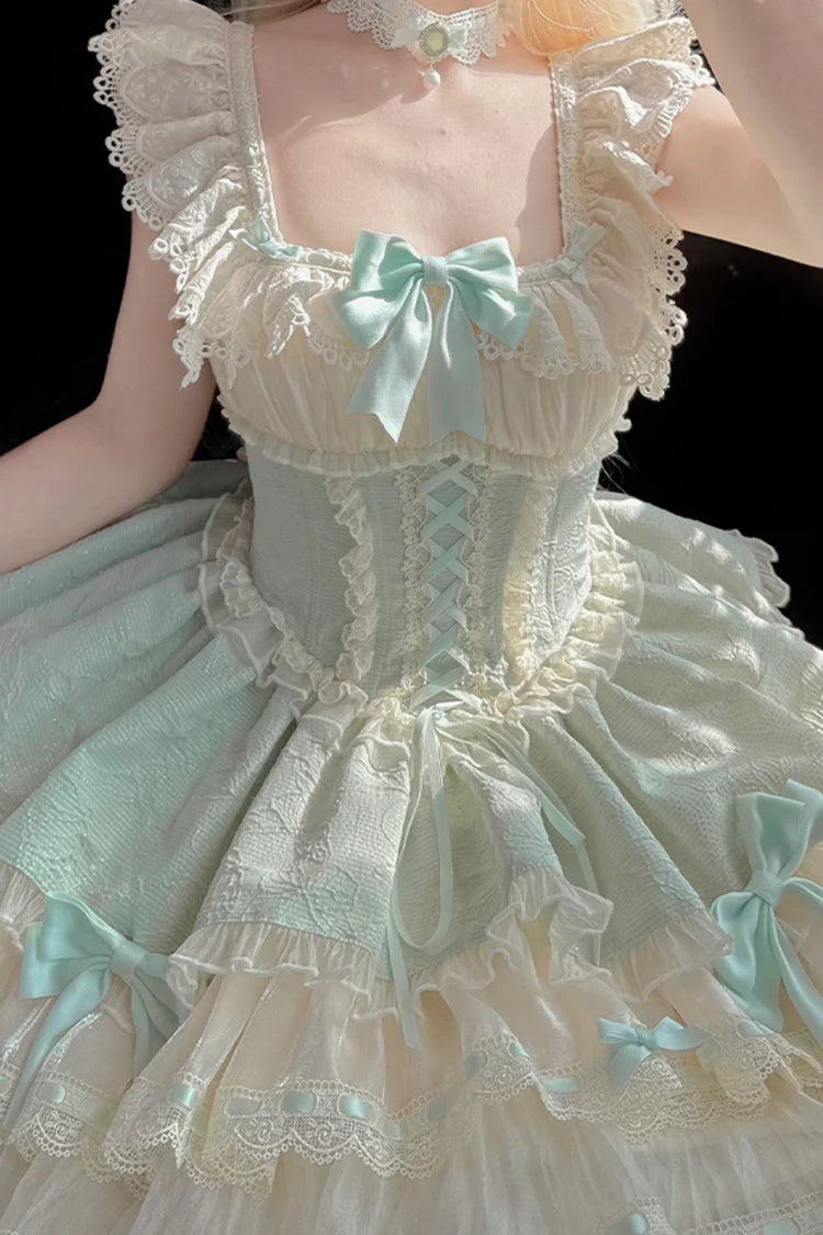The Green Ballet Lolita JSK Dress is designed to express freshness and elegance with a sweet, playful twist. Featuring double-layered ruffles, delicate lace trim, and charming bow accents, it creates a graceful silhouette inspired by ballet costumes. The lace-up design adds adjustability and refinement, ensuring comfort along with beauty. In a lively green tone, this dress is perfect for tea parties, gatherings, or special occasions, embodying the whimsical spirit of Sweet Lolita fashion.