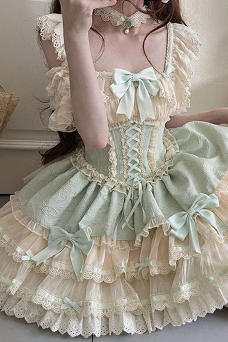 The Green Ballet Lolita JSK Dress is designed to express freshness and elegance with a sweet, playful twist. Featuring double-layered ruffles, delicate lace trim, and charming bow accents, it creates a graceful silhouette inspired by ballet costumes. The lace-up design adds adjustability and refinement, ensuring comfort along with beauty. In a lively green tone, this dress is perfect for tea parties, gatherings, or special occasions, embodying the whimsical spirit of Sweet Lolita fashion.