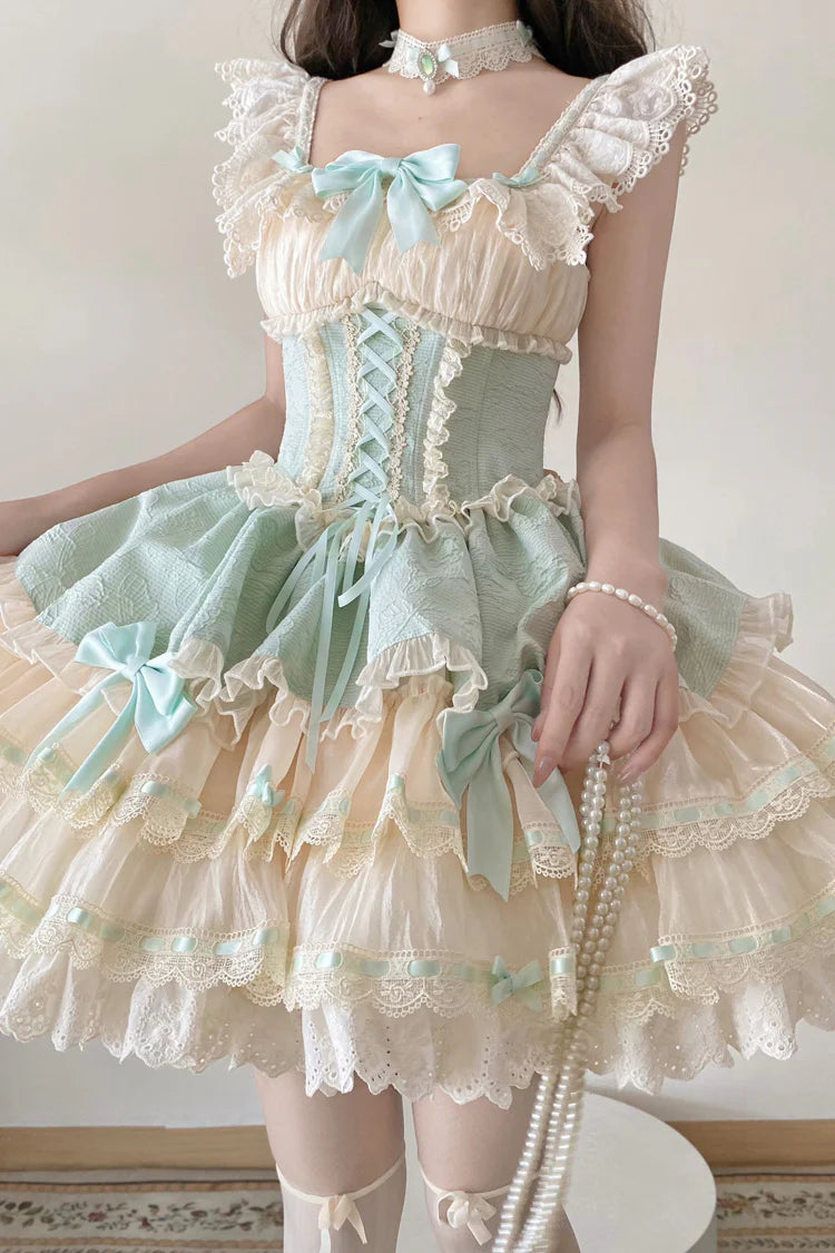 The Green Ballet Lolita JSK Dress is designed to express freshness and elegance with a sweet, playful twist. Featuring double-layered ruffles, delicate lace trim, and charming bow accents, it creates a graceful silhouette inspired by ballet costumes. The lace-up design adds adjustability and refinement, ensuring comfort along with beauty. In a lively green tone, this dress is perfect for tea parties, gatherings, or special occasions, embodying the whimsical spirit of Sweet Lolita fashion.