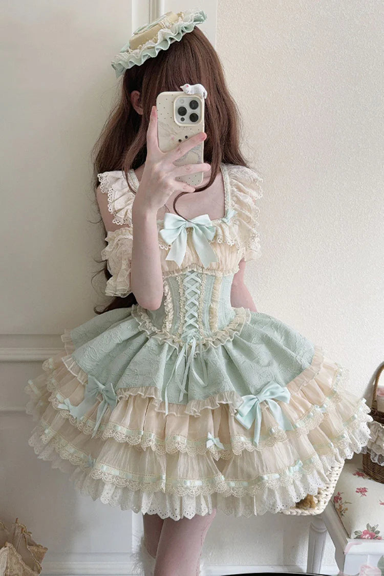 The Green Ballet Lolita JSK Dress is designed to express freshness and elegance with a sweet, playful twist. Featuring double-layered ruffles, delicate lace trim, and charming bow accents, it creates a graceful silhouette inspired by ballet costumes. The lace-up design adds adjustability and refinement, ensuring comfort along with beauty. In a lively green tone, this dress is perfect for tea parties, gatherings, or special occasions, embodying the whimsical spirit of Sweet Lolita fashion.