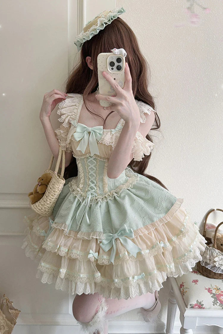The Green Ballet Lolita JSK Dress is designed to express freshness and elegance with a sweet, playful twist. Featuring double-layered ruffles, delicate lace trim, and charming bow accents, it creates a graceful silhouette inspired by ballet costumes. The lace-up design adds adjustability and refinement, ensuring comfort along with beauty. In a lively green tone, this dress is perfect for tea parties, gatherings, or special occasions, embodying the whimsical spirit of Sweet Lolita fashion.