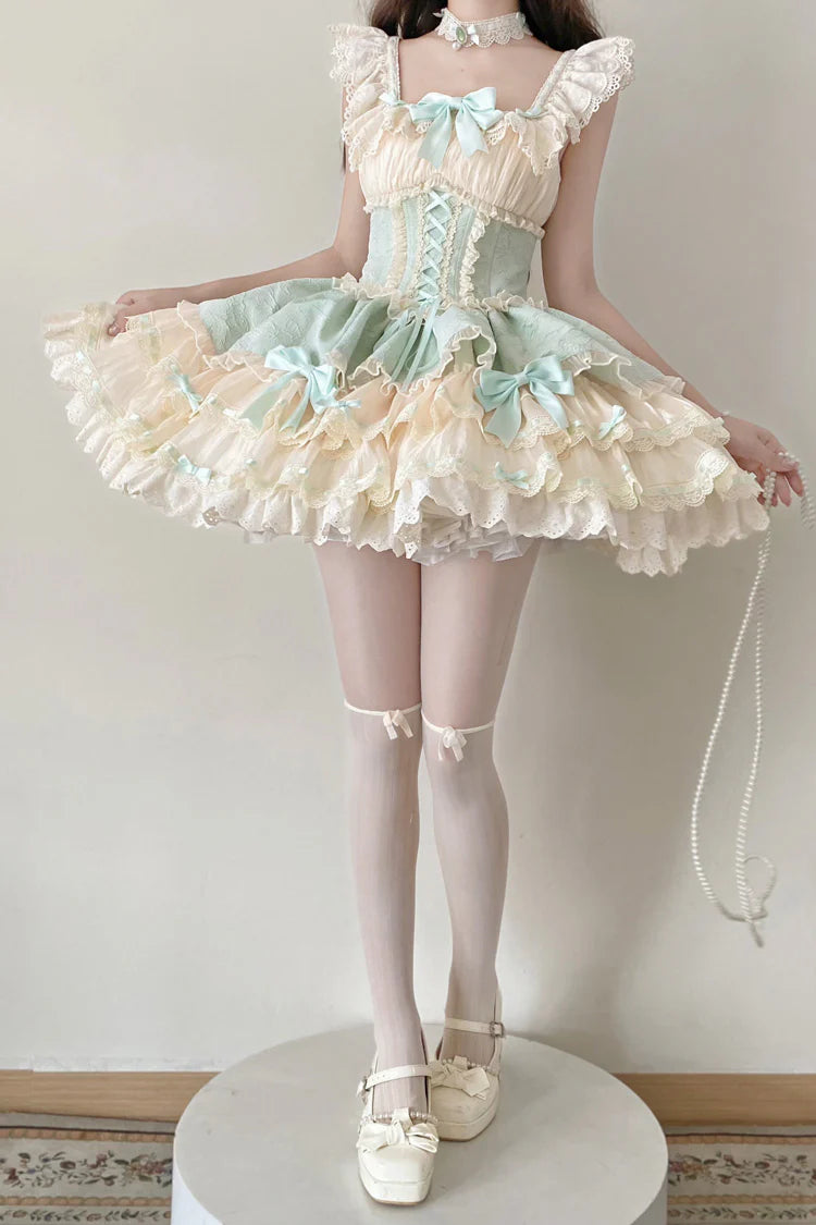 The Green Ballet Lolita JSK Dress is designed to express freshness and elegance with a sweet, playful twist. Featuring double-layered ruffles, delicate lace trim, and charming bow accents, it creates a graceful silhouette inspired by ballet costumes. The lace-up design adds adjustability and refinement, ensuring comfort along with beauty. In a lively green tone, this dress is perfect for tea parties, gatherings, or special occasions, embodying the whimsical spirit of Sweet Lolita fashion.