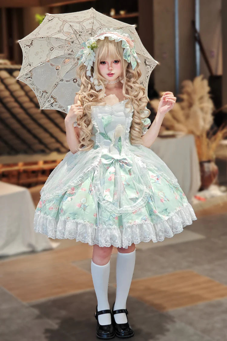 The Green Off-Shoulder Lolita Dress is designed to blend elegance with playful sweetness. Featuring short sleeves and a charming off-shoulder neckline, it highlights femininity with a graceful touch. The printed fabric, layered ruffles, and delicate lace details create a romantic silhouette, while bowknot accents add youthful charm. Perfect for tea parties, gatherings, or seasonal outings, this dress reflects the refined yet whimsical essence of Sweet Lolita fashion in a refreshing green tone.
