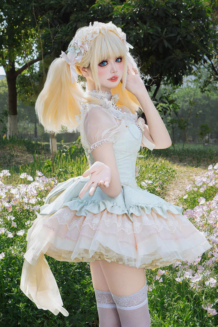This Green Sleeveless Sweet Princess Lolita JSK Dress showcases a graceful and romantic style. The multi-layered ruffles and delicate lace create a voluminous silhouette, while bowknot and lace-up details highlight the sweet and classic Lolita charm. Its fresh green tone adds a unique touch of elegance and vitality, making it suitable for tea parties, gatherings, or special occasions. A perfect choice for those seeking both sophistication and youthful sweetness.