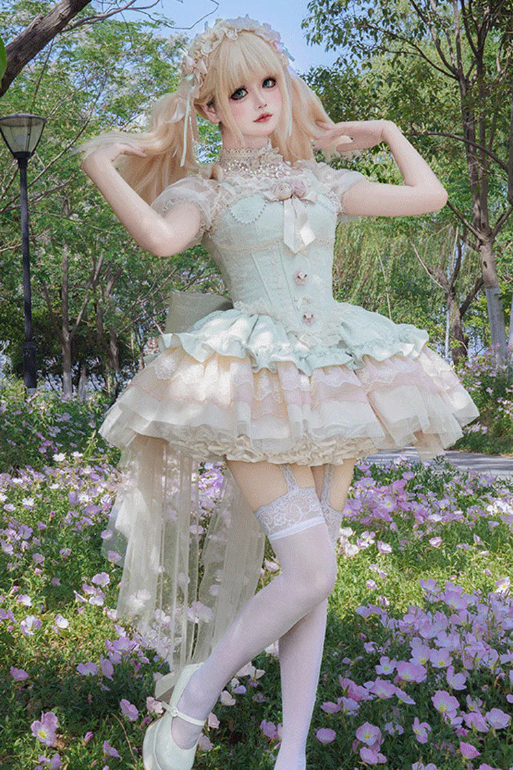 This Green Sleeveless Sweet Princess Lolita JSK Dress showcases a graceful and romantic style. The multi-layered ruffles and delicate lace create a voluminous silhouette, while bowknot and lace-up details highlight the sweet and classic Lolita charm. Its fresh green tone adds a unique touch of elegance and vitality, making it suitable for tea parties, gatherings, or special occasions. A perfect choice for those seeking both sophistication and youthful sweetness.