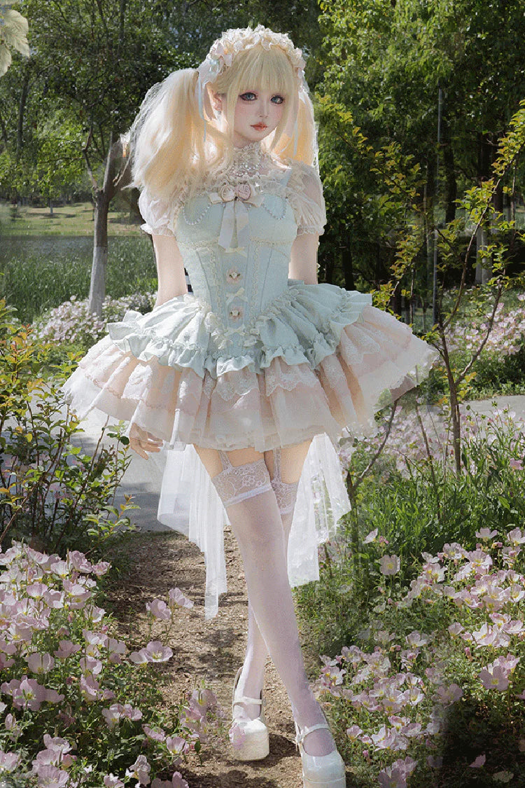 This Green Sleeveless Sweet Princess Lolita JSK Dress showcases a graceful and romantic style. The multi-layered ruffles and delicate lace create a voluminous silhouette, while bowknot and lace-up details highlight the sweet and classic Lolita charm. Its fresh green tone adds a unique touch of elegance and vitality, making it suitable for tea parties, gatherings, or special occasions. A perfect choice for those seeking both sophistication and youthful sweetness.