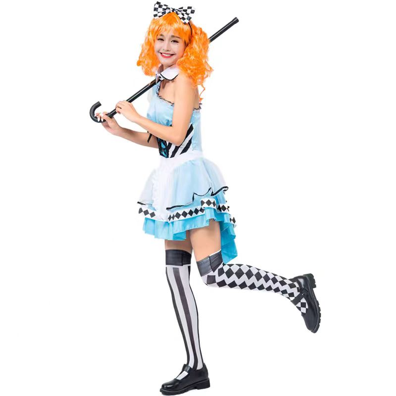 Sweet Lolita Halloween Blue Wonderland Queen Costume for Women Fantasy Princess Cosplay Dress