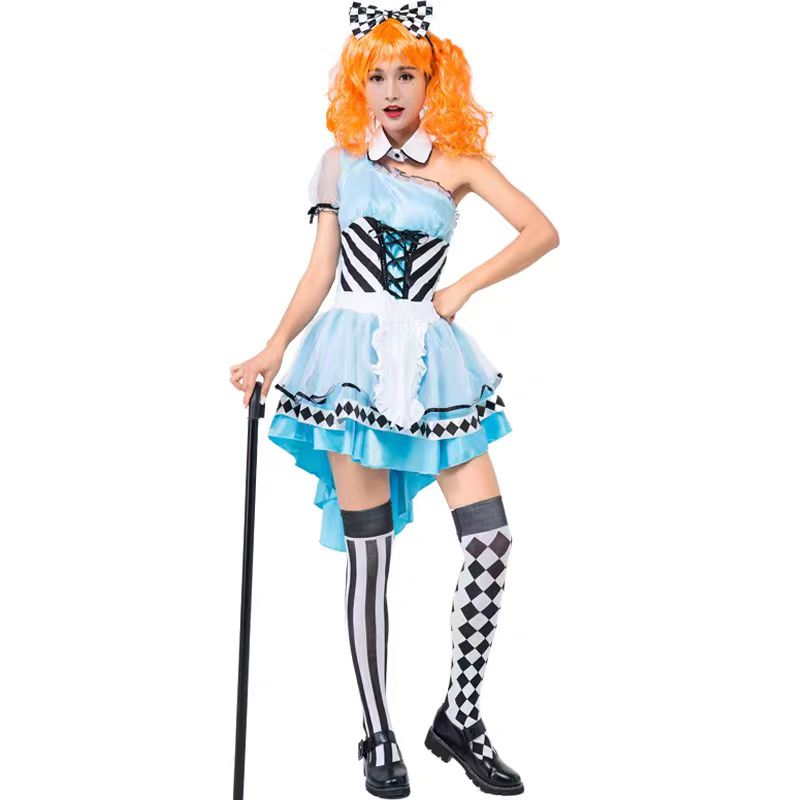 Sweet Lolita Halloween Blue Wonderland Queen Costume for Women Fantasy Princess Cosplay Dress