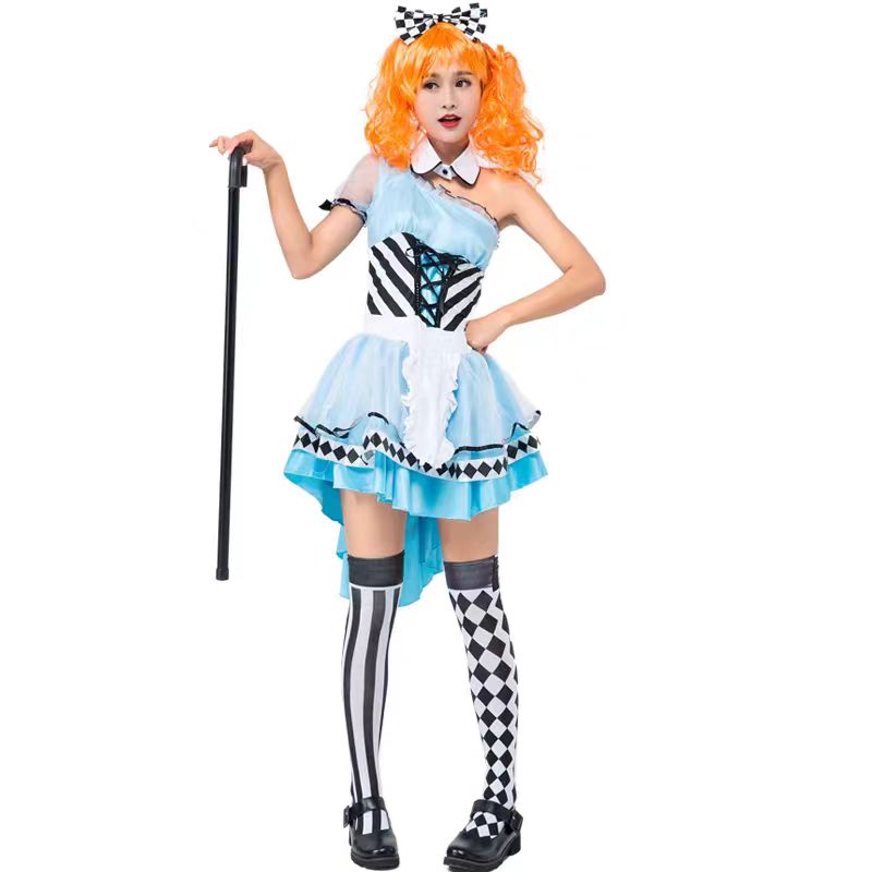 Sweet Lolita Halloween Blue Wonderland Queen Costume for Women Fantasy Princess Cosplay Dress