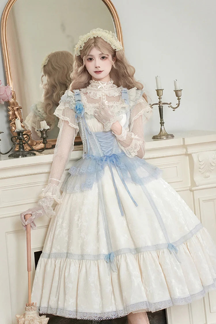 The Ivory JSK Long Dress is designed to embody elegance with a fairytale touch. Featuring a graceful square collar and flutter sleeves, it creates a soft, romantic silhouette. The structured fishbone design offers refined shaping, while cascading ruffles add volume and sweetness. In a delicate ivory tone, this dress conveys purity and timeless charm, making it perfect for tea parties, photoshoots, or special occasions in classic Lolita style.