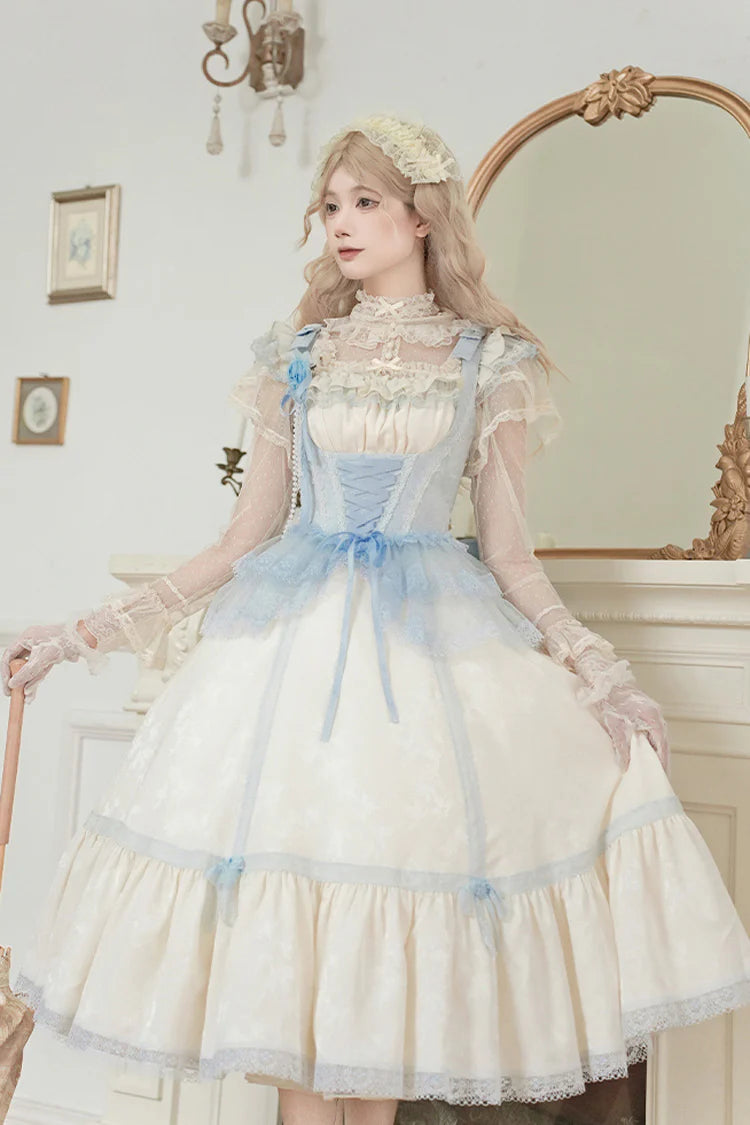 The Ivory JSK Long Dress is designed to embody elegance with a fairytale touch. Featuring a graceful square collar and flutter sleeves, it creates a soft, romantic silhouette. The structured fishbone design offers refined shaping, while cascading ruffles add volume and sweetness. In a delicate ivory tone, this dress conveys purity and timeless charm, making it perfect for tea parties, photoshoots, or special occasions in classic Lolita style.