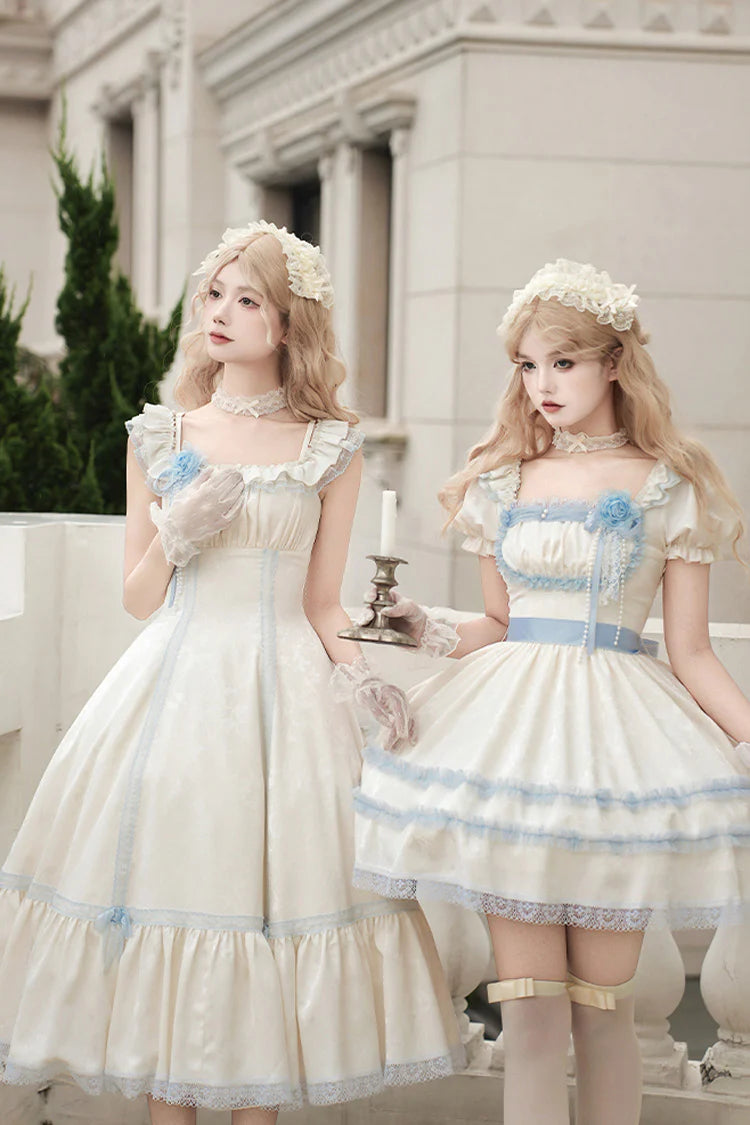 The Ivory JSK Long Dress is designed to embody elegance with a fairytale touch. Featuring a graceful square collar and flutter sleeves, it creates a soft, romantic silhouette. The structured fishbone design offers refined shaping, while cascading ruffles add volume and sweetness. In a delicate ivory tone, this dress conveys purity and timeless charm, making it perfect for tea parties, photoshoots, or special occasions in classic Lolita style.