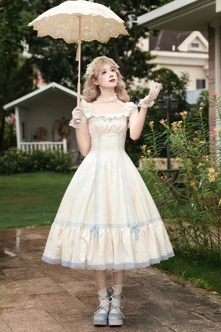 The Ivory JSK Long Dress is designed to embody elegance with a fairytale touch. Featuring a graceful square collar and flutter sleeves, it creates a soft, romantic silhouette. The structured fishbone design offers refined shaping, while cascading ruffles add volume and sweetness. In a delicate ivory tone, this dress conveys purity and timeless charm, making it perfect for tea parties, photoshoots, or special occasions in classic Lolita style.