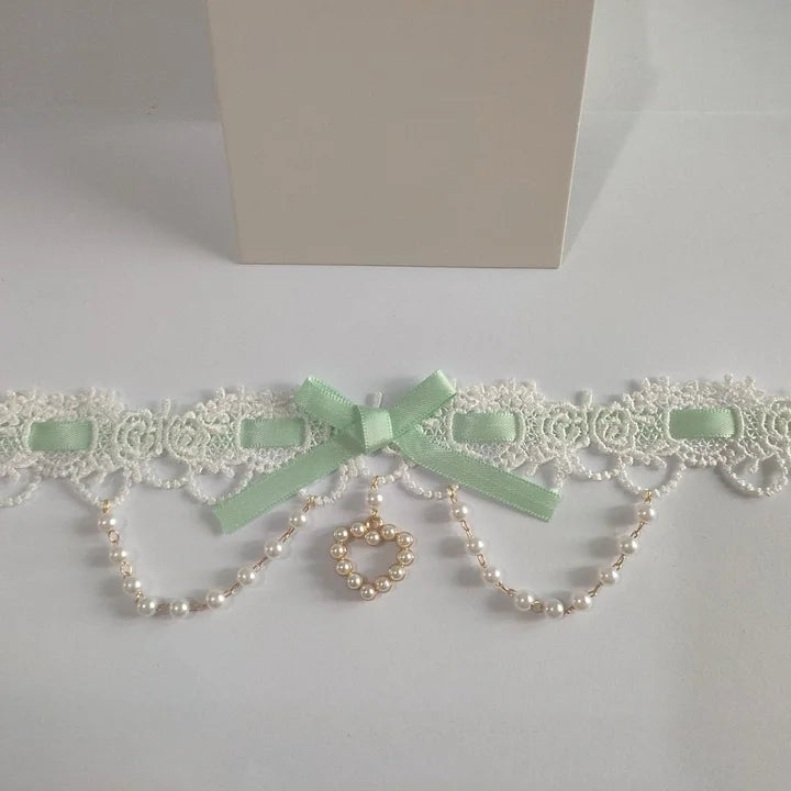 Sweet Lolita Lace Pearl Bow Choker Macaron Colors Necklace