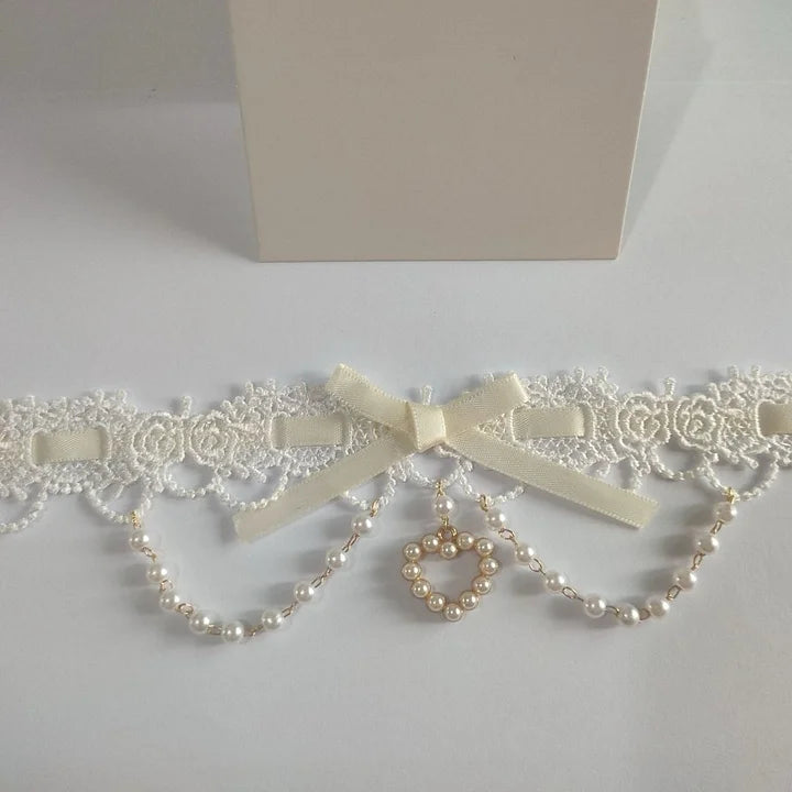Sweet Lolita Lace Pearl Bow Choker Macaron Colors Necklace