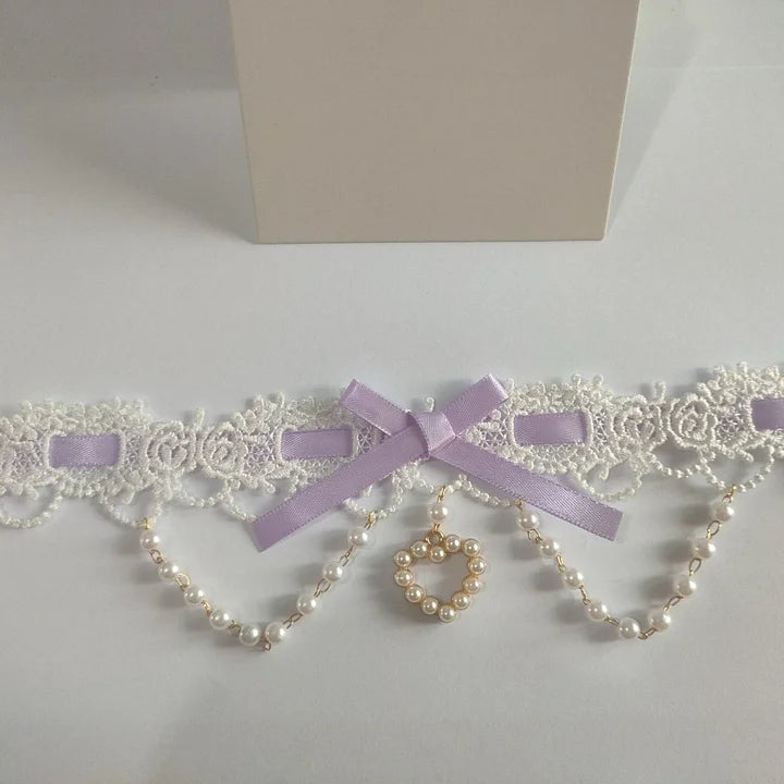 Sweet Lolita Lace Pearl Bow Choker Macaron Colors Necklace