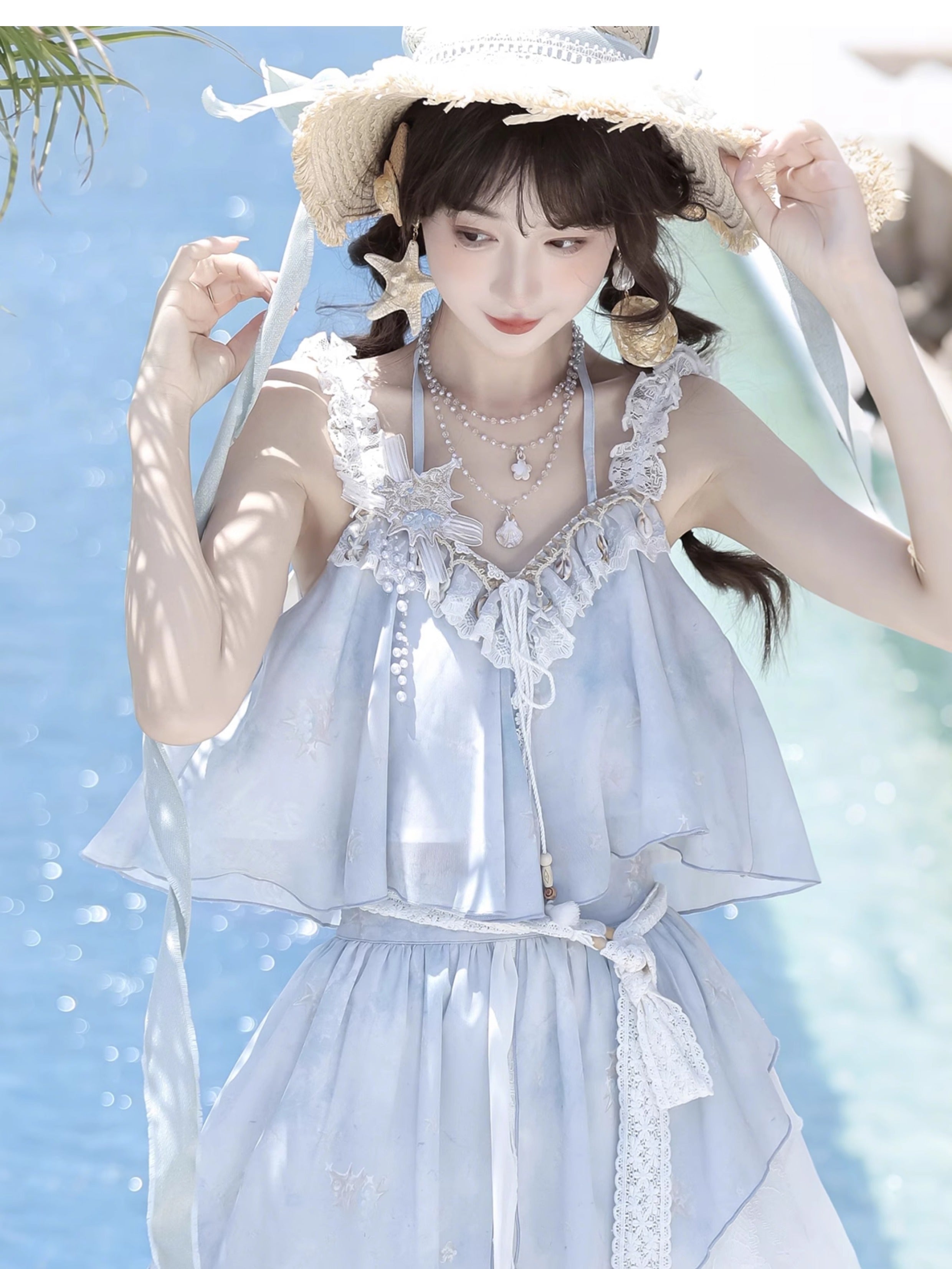 Sweet Lolita Light Blue Seashell Sundress with Lace Ruffle Summer Sea