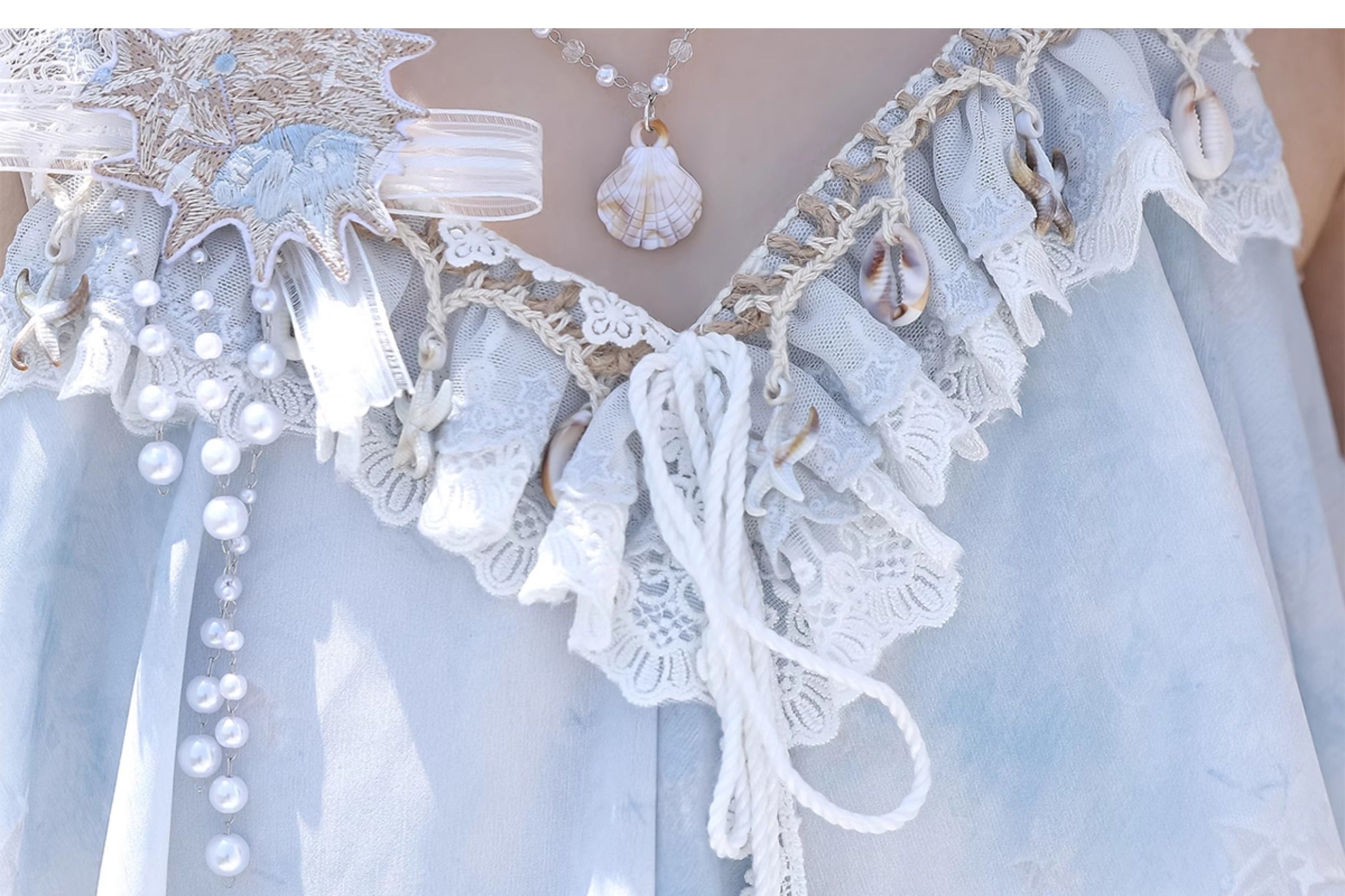 Sweet Lolita Light Blue Seashell Sundress with Lace Ruffle Summer Sea