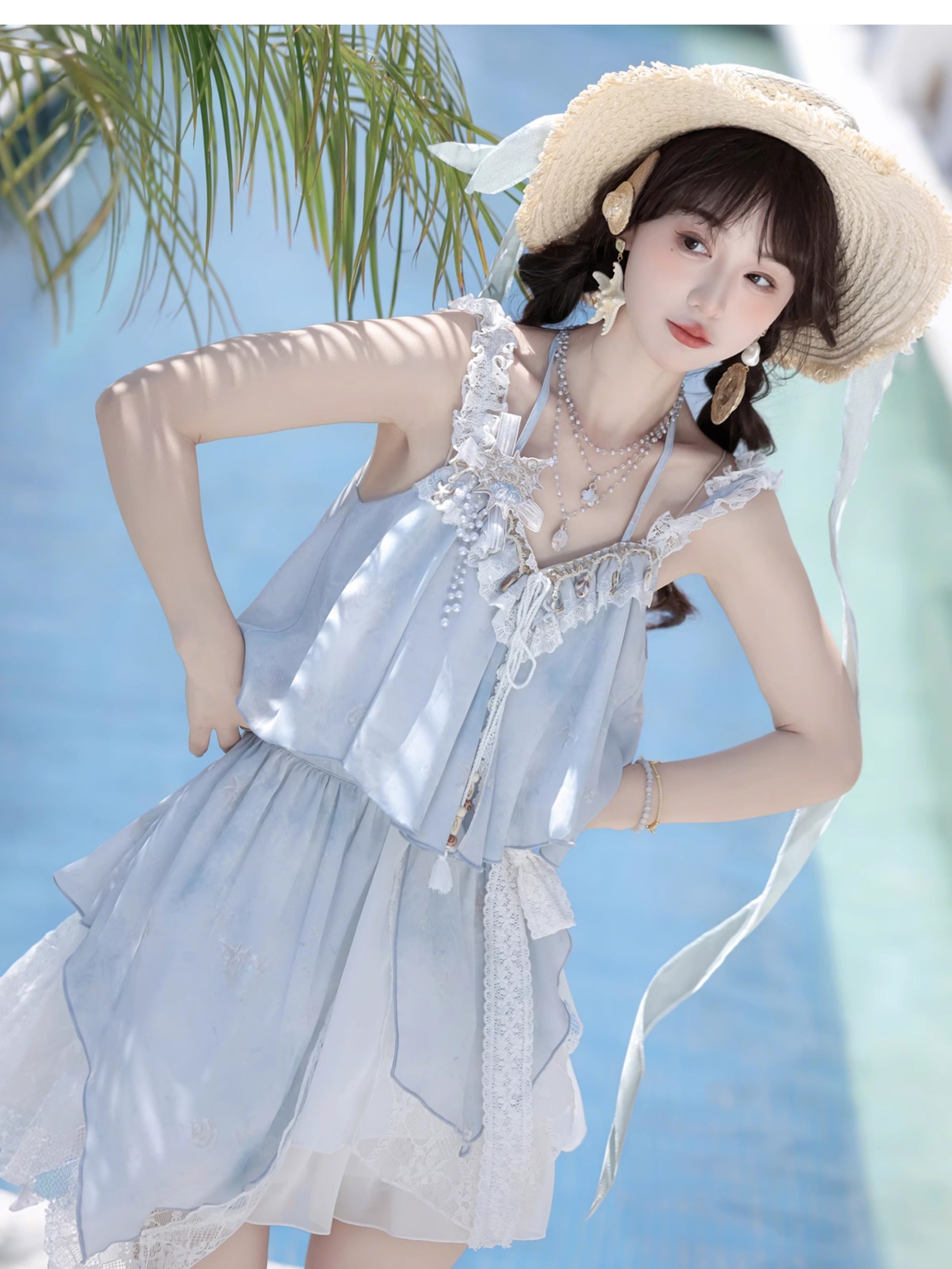 Sweet Lolita Light Blue Seashell Sundress with Lace Ruffle Summer Sea