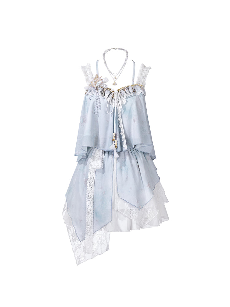 Sweet Lolita Light Blue Seashell Sundress with Lace Ruffle Summer Sea
