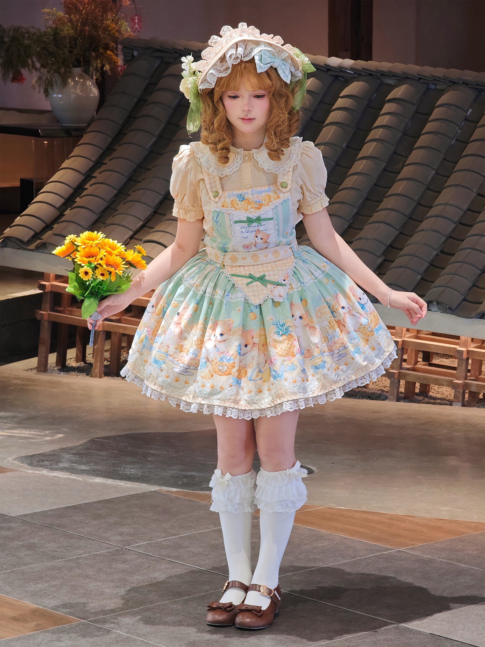 Sweet Lolita Pastel Green Hued Idyllic Bunny Print Dress Cake Dress Jumper Skirt