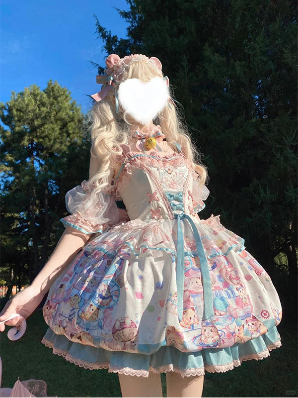 Sweet Lolita Pastel Hued Kitty Pink Print Short Dress One Piece Dress