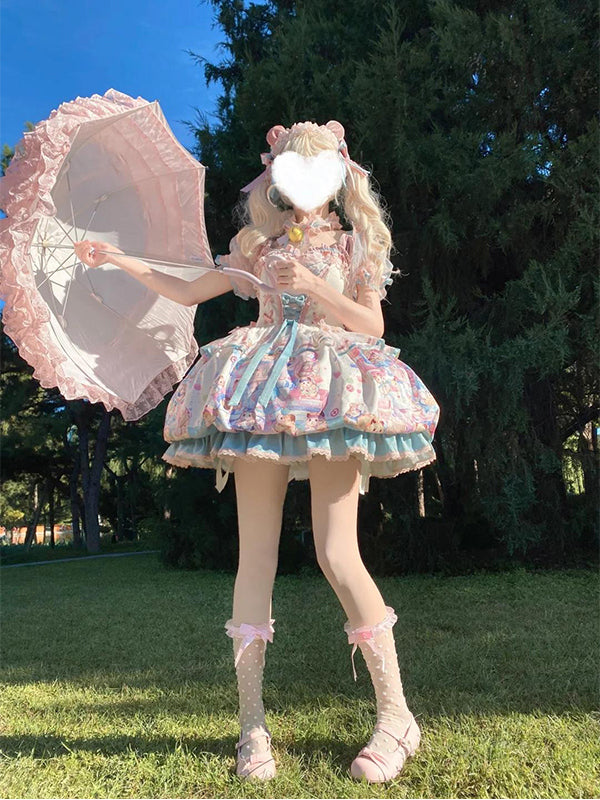Sweet Lolita Pastel Hued Kitty Pink Print Short Dress One Piece Dress
