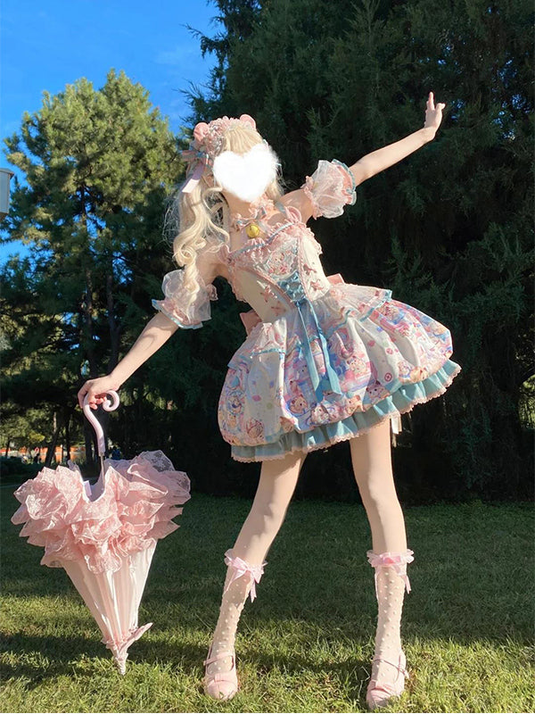 Sweet Lolita Pastel Hued Kitty Pink Print Short Dress One Piece Dress