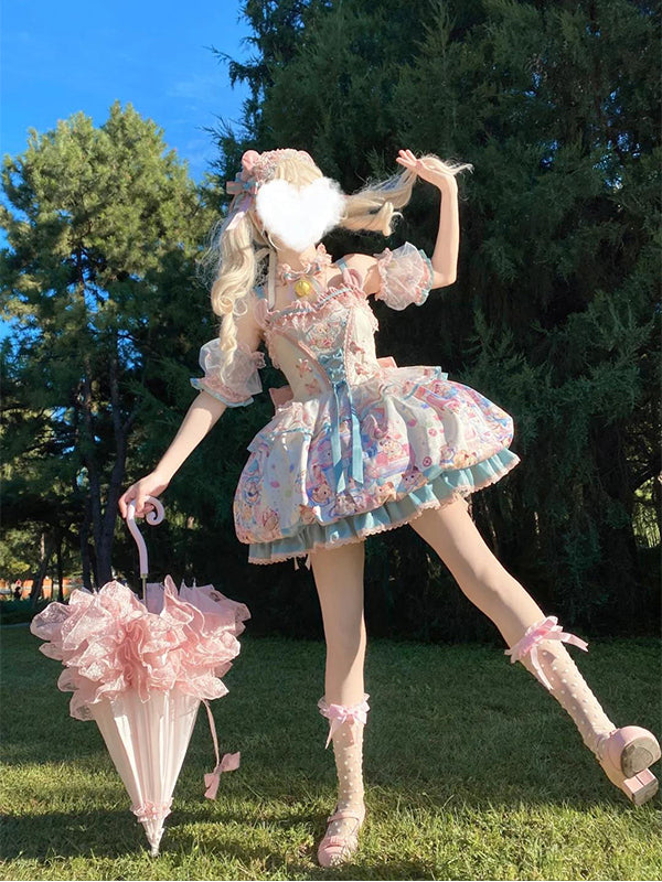 Sweet Lolita Pastel Hued Kitty Pink Print Short Dress One Piece Dress