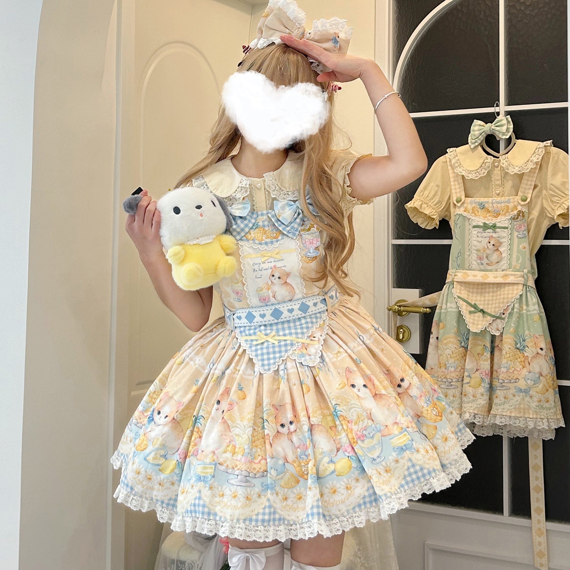 Sweet Lolita Pastel Yellow Hued Idyllic Bunny Print Dress Cake Dress Jumper Skirt