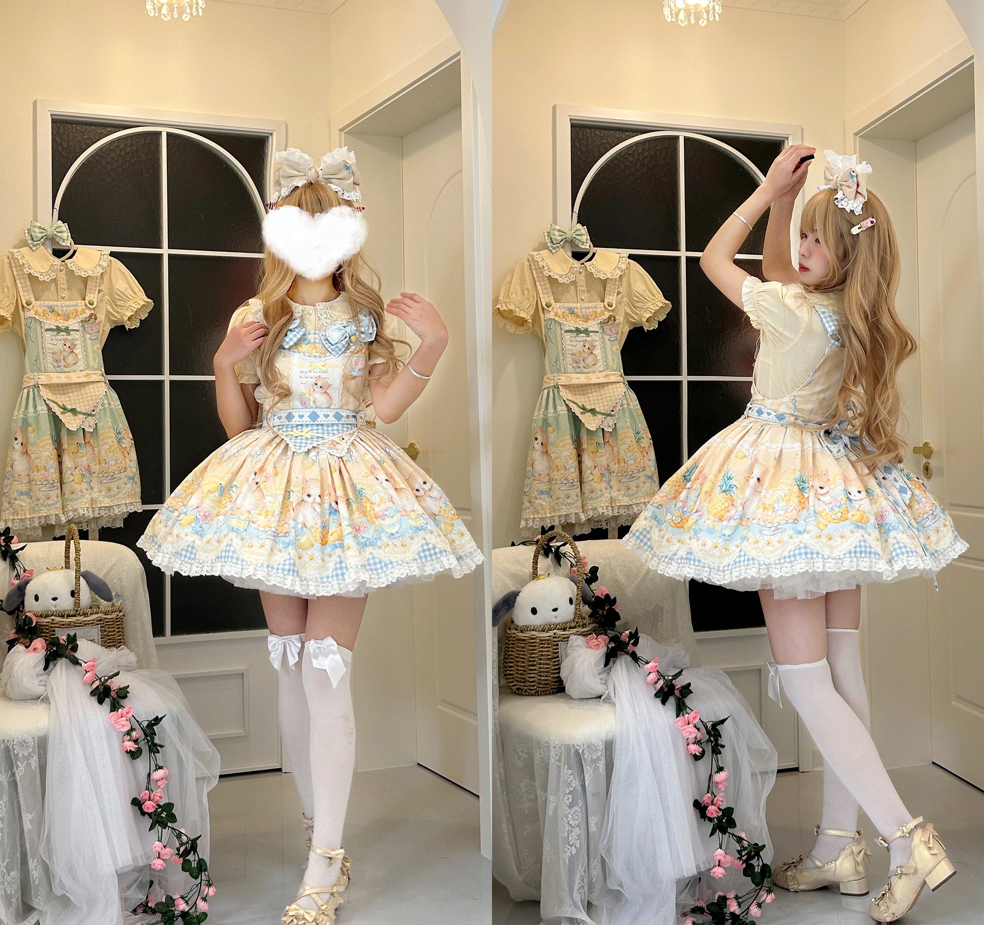 Sweet Lolita Pastel Yellow Hued Idyllic Bunny Print Dress Cake Dress Jumper Skirt