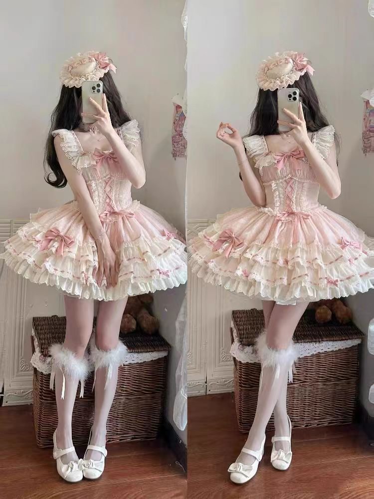Sweet Lolita Pink Ballet Lolita Dress JSK Cake Ruffles Sleeveless Princess Lolita