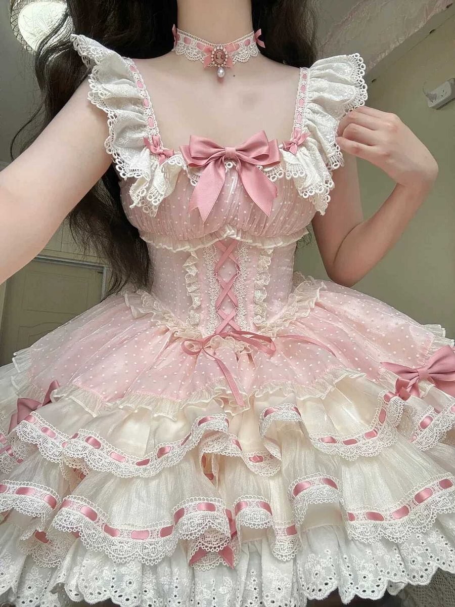 Sweet Lolita Pink Ballet Lolita Dress JSK Cake Ruffles Sleeveless Princess Lolita