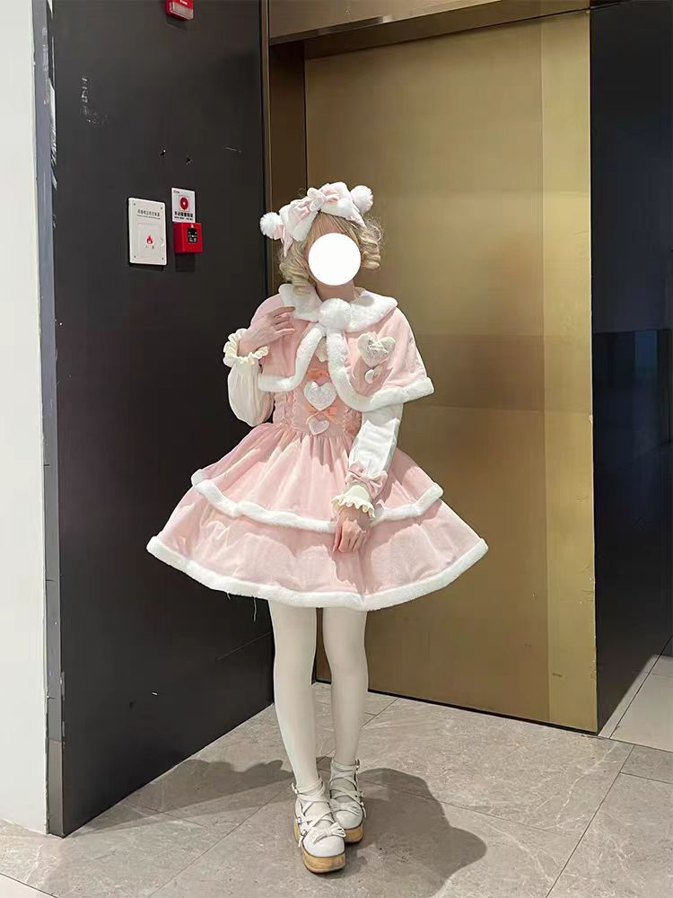Sweet Lolita Pink Christmas Dress JK Plush Cape with Puffy Susender Skirt Winter Two Piece Set