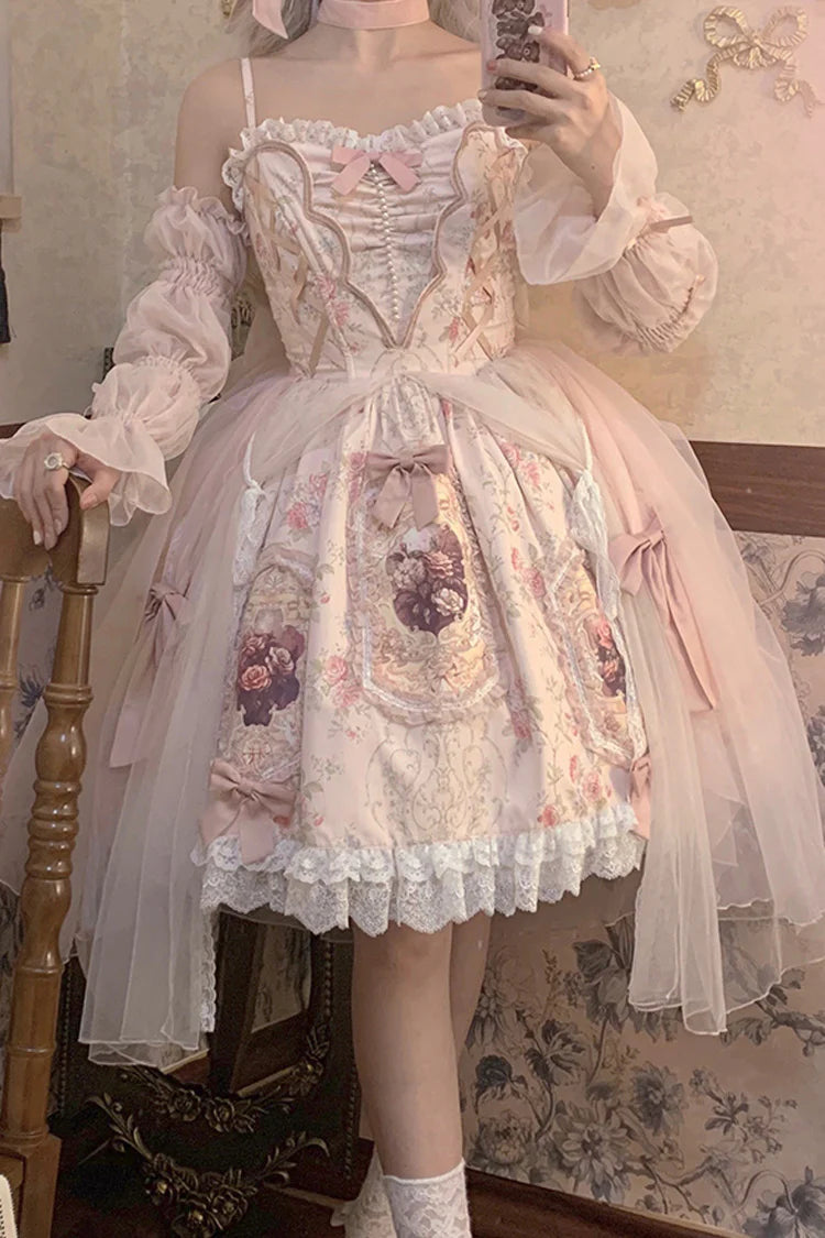 Inspired by a blooming garden at dawn, this JSK captures the delicate balance between youthful sweetness and refined grace. Soft floral prints dance across layers of lace and ruffles, while satin bows and intricate embroidery add a touch of royal fantasy. Designed to evoke the romance of a fairy tale, it invites the wearer to embrace both playful charm and timeless elegance—where every detail whispers a story of beauty and dreams.