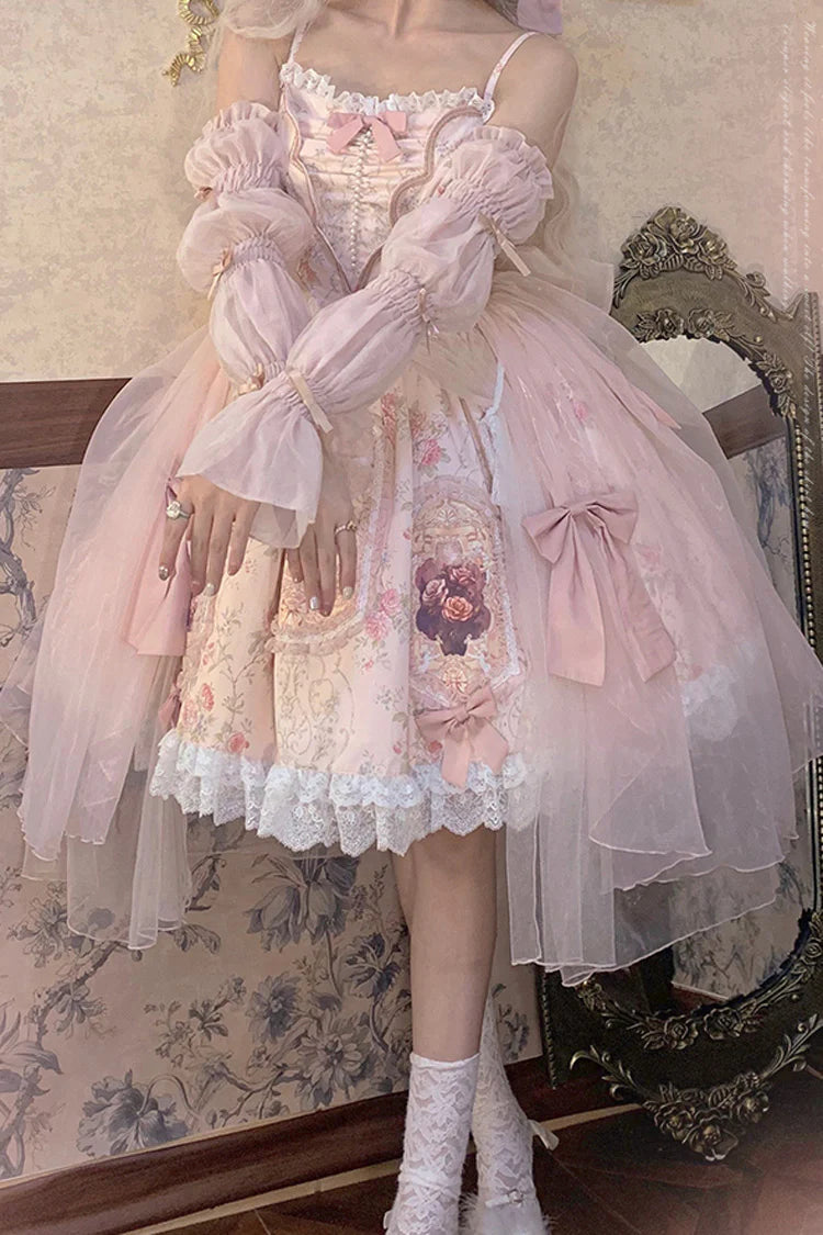 Inspired by a blooming garden at dawn, this JSK captures the delicate balance between youthful sweetness and refined grace. Soft floral prints dance across layers of lace and ruffles, while satin bows and intricate embroidery add a touch of royal fantasy. Designed to evoke the romance of a fairy tale, it invites the wearer to embrace both playful charm and timeless elegance—where every detail whispers a story of beauty and dreams.