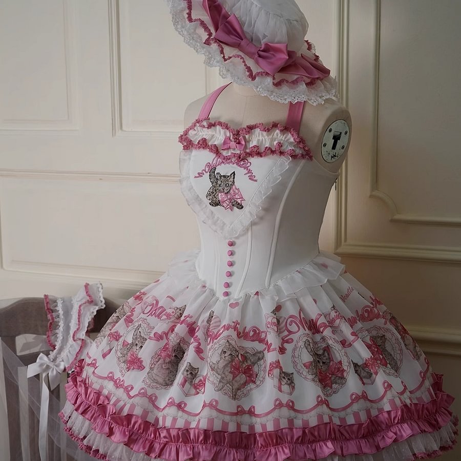 Sweet Lolita Pink Little Fresh Waist Lolita Jacquard Print Dress JSK