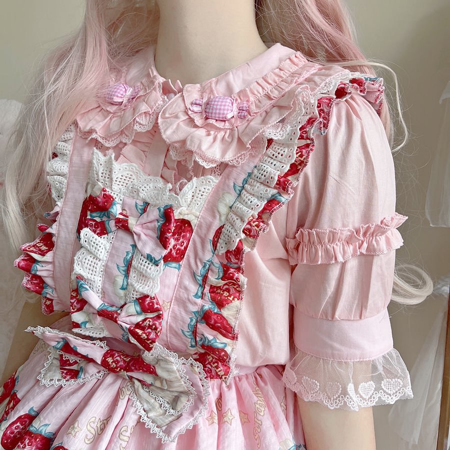 Sweet Lolita Pink Red Printed Strawberry Bear Dress Jumper Skirt
